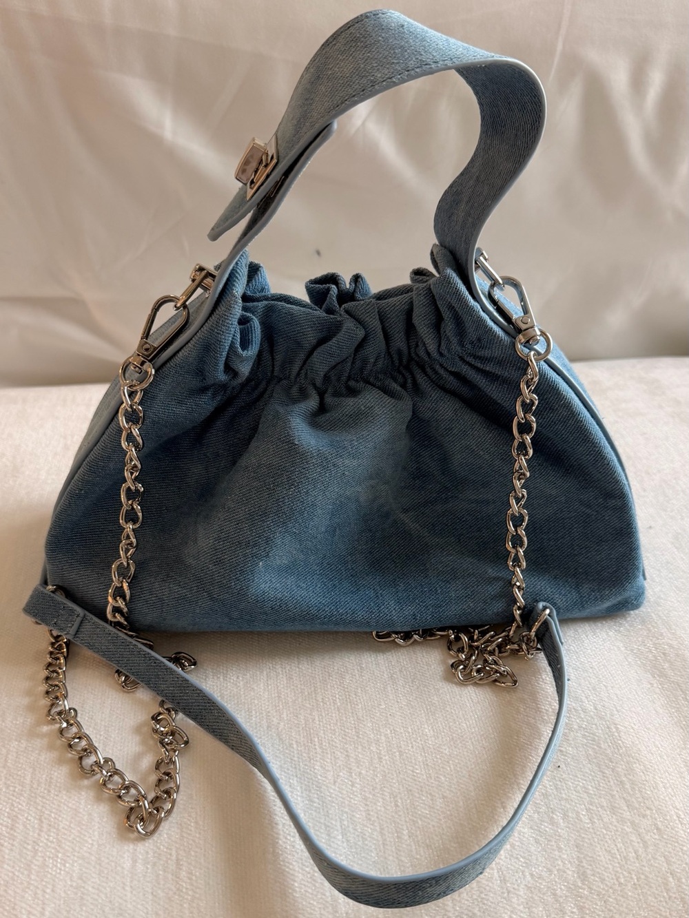 Blue Gathered-Top Shoulder Bag with Chain Strap